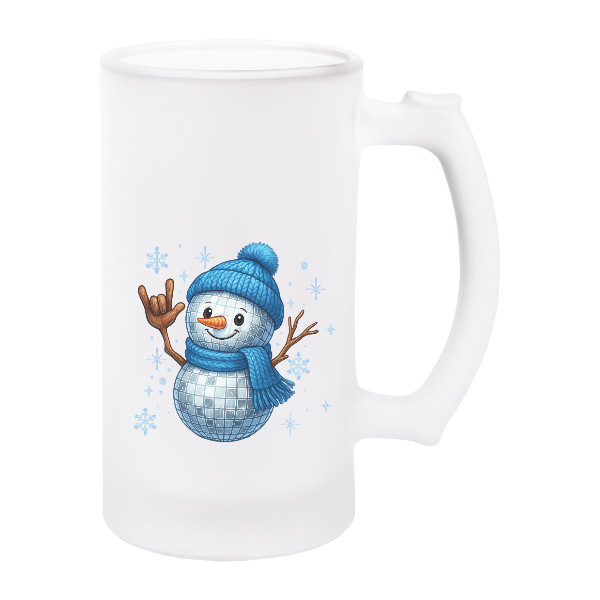 Korbel na pivo - matné sklo s potiskem Zimní láska sněhuláka ,,I love you,,